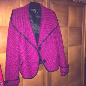 Raspberry colored jacket with black faux leather trim